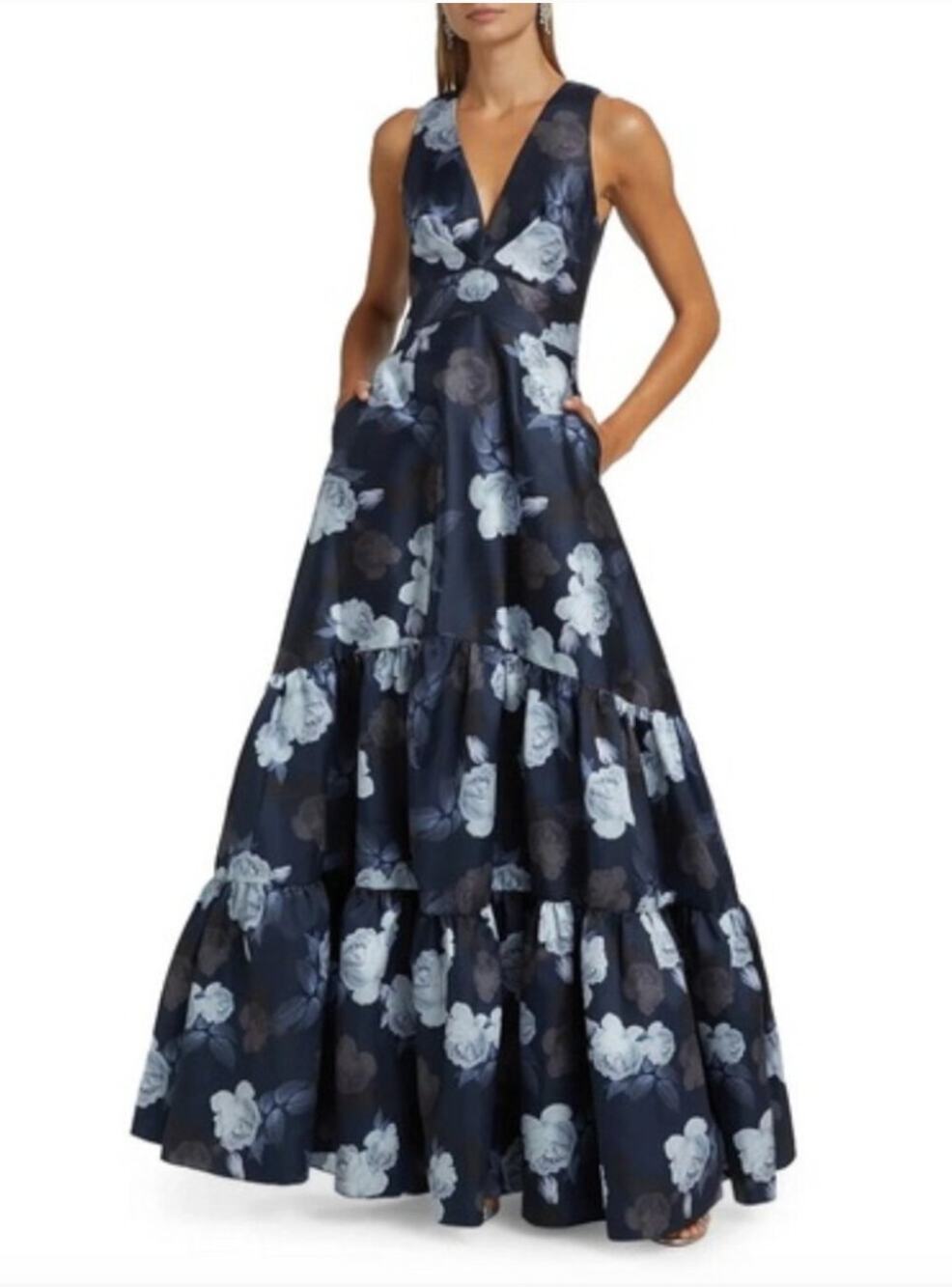 Sachin & Babi Rori Floral Ruffle Hem Mikado Gown Midnight Glacial Rose Size 8